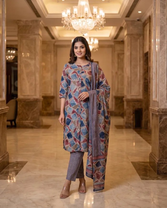 Blue & Maroon Abstract-Print Kurta Set with Dupatta