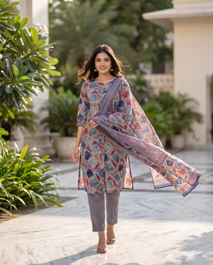 Blue & Maroon Abstract-Print Kurta Set with Dupatta