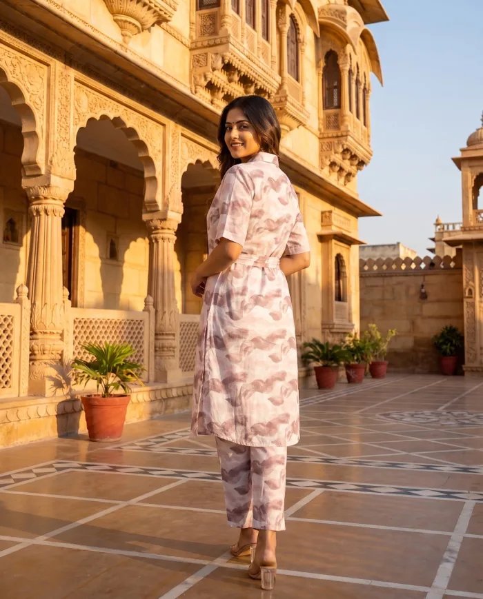 Blush Abstract-Print Collared Kurta Co-ord Set