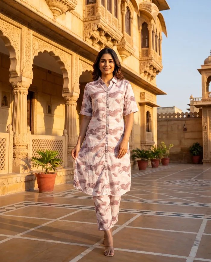 Blush Abstract-Print Collared Kurta Co-ord Set