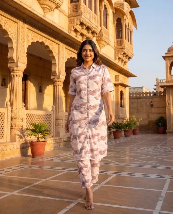 Blush Abstract-Print Collared Kurta Co-ord Set
