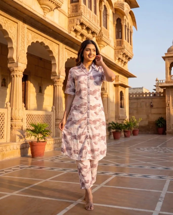 Blush Abstract-Print Collared Kurta Co-ord Set