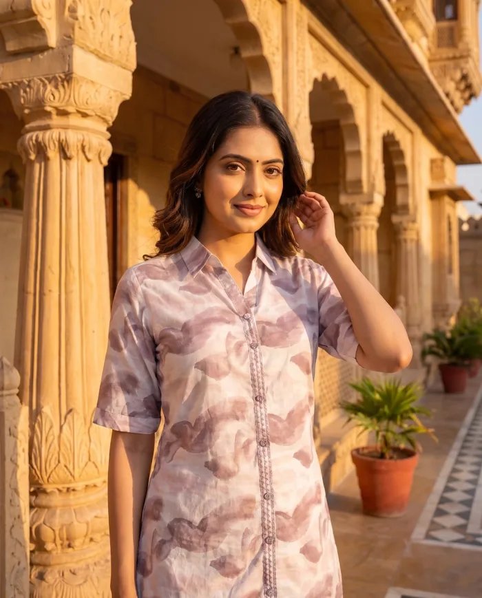 Blush Abstract-Print Collared Kurta Co-ord Set