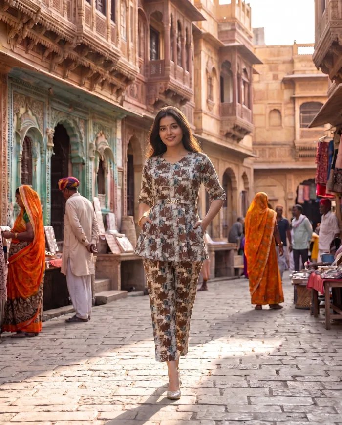 Brown Abstract-Print Peplum Top & Trouser Co-ord Set
