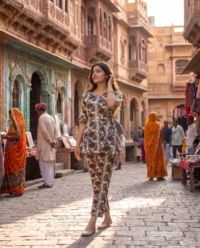 Brown Abstract-Print Peplum Top & Trouser Co-ord Set