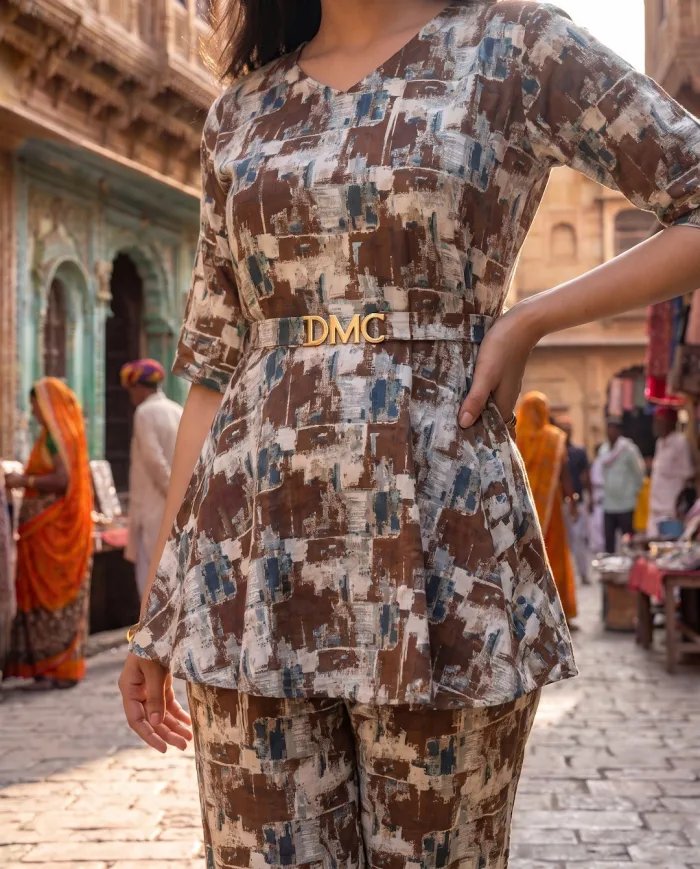 Brown Abstract-Print Peplum Top & Trouser Co-ord Set