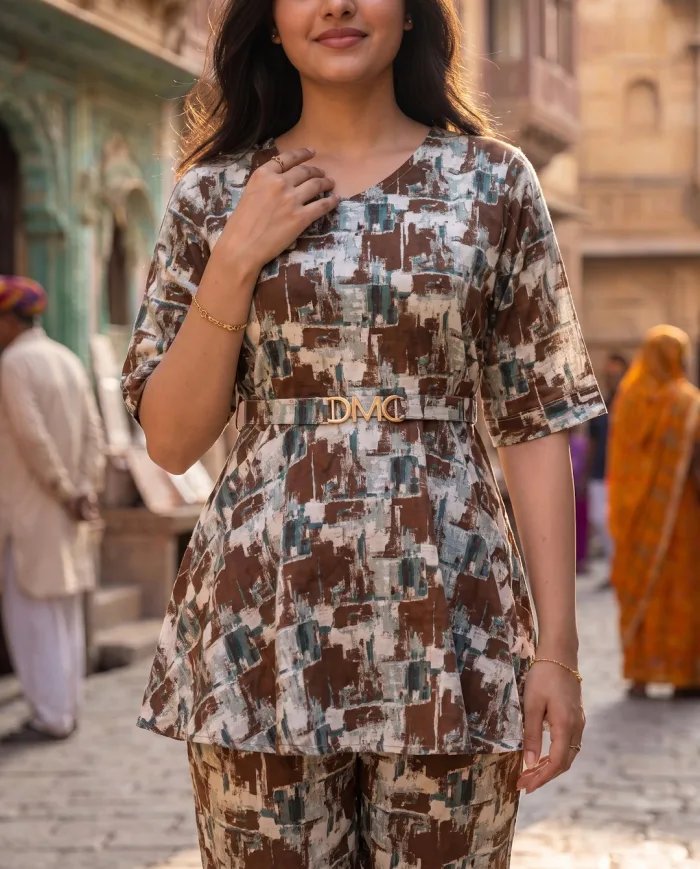 Brown Abstract-Print Peplum Top & Trouser Co-ord Set