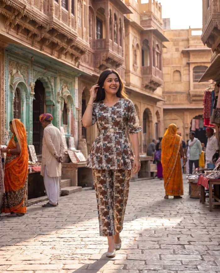 Brown Abstract-Print Peplum Top & Trouser Co-ord Set