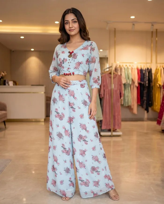 Powder-Blue Floral Crop Top & Palazzo Co-ord Set