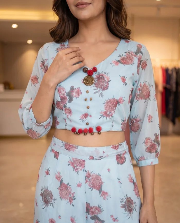 Powder-Blue Floral Crop Top & Palazzo Co-ord Set