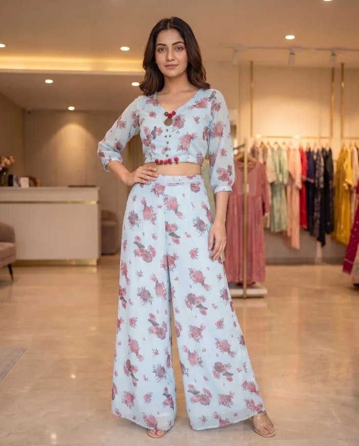 Powder-Blue Floral Crop Top & Palazzo Co-ord Set