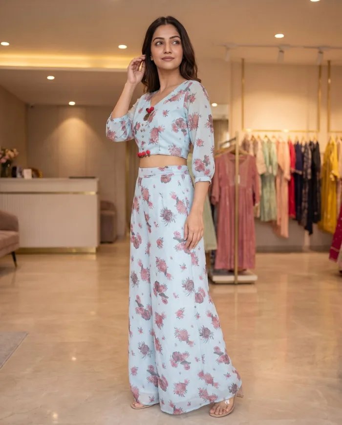 Powder-Blue Floral Crop Top & Palazzo Co-ord Set