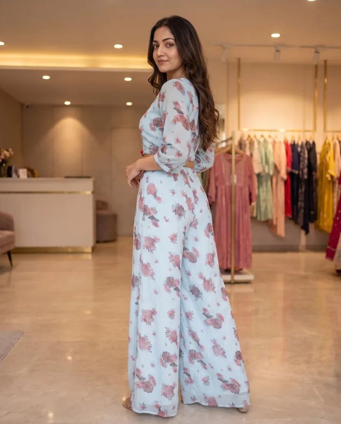 Powder-Blue Floral Crop Top & Palazzo Co-ord Set