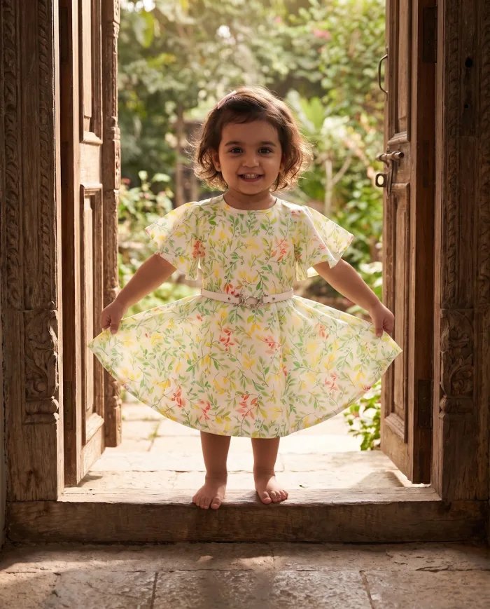 Girls Ivory Botanical-Print Flutter-Sleeve Dress