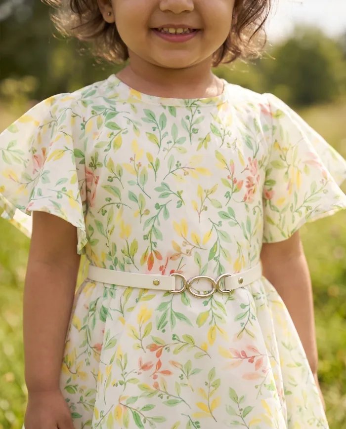 Girls Ivory Botanical-Print Flutter-Sleeve Dress