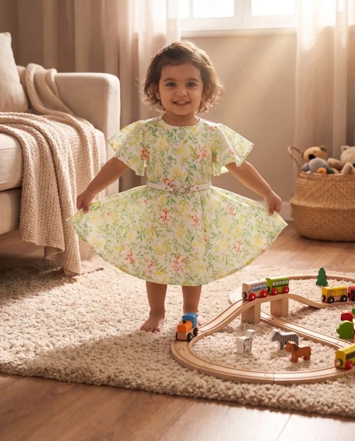 Girls Ivory Botanical-Print Flutter-Sleeve Dress