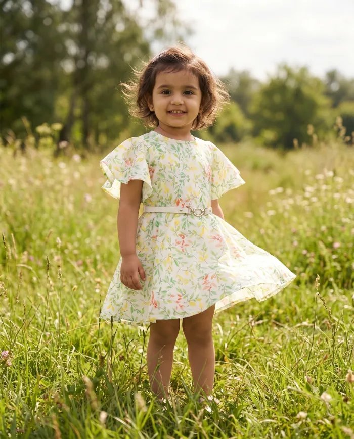 Girls Ivory Botanical-Print Flutter-Sleeve Dress
