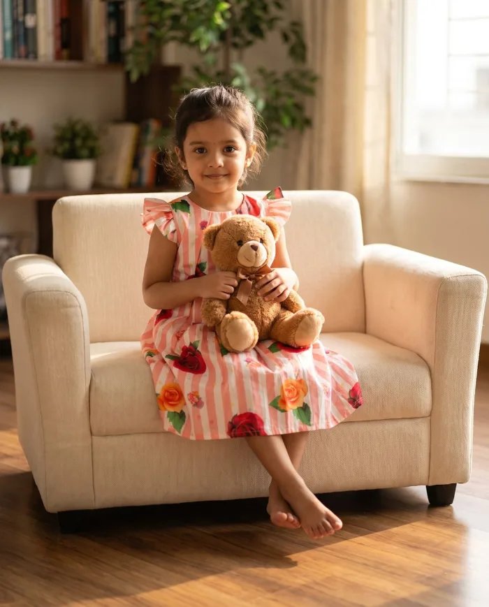 Girls Pink Striped Rose-Print Flutter-Sleeve Dress