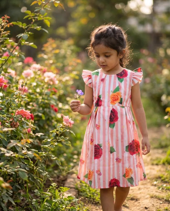 Girls Pink Striped Rose-Print Flutter-Sleeve Dress