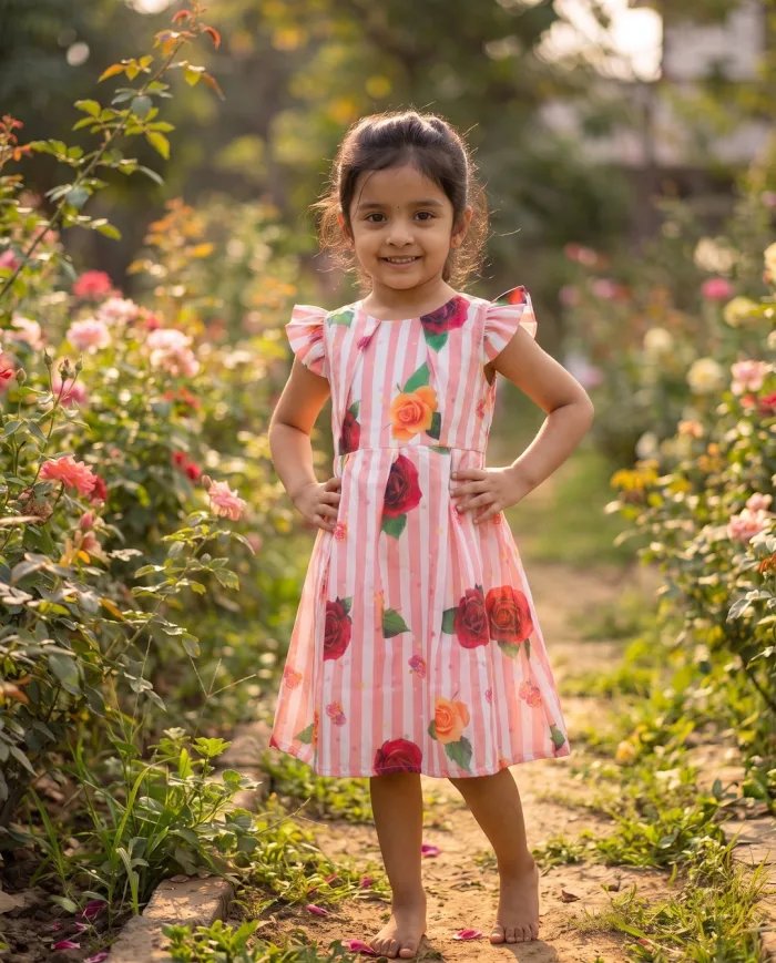 Girls Pink Striped Rose-Print Flutter-Sleeve Dress