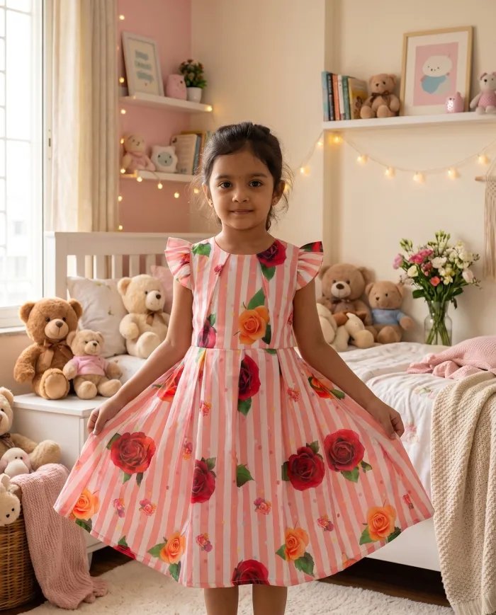 Girls Pink Striped Rose-Print Flutter-Sleeve Dress
