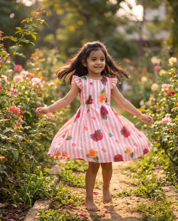Girls Pink Striped Rose-Print Flutter-Sleeve Dress