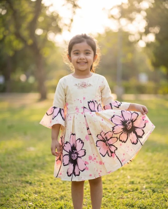 Girls Ivory Floral-Print Bell-Sleeve Kurta Dress