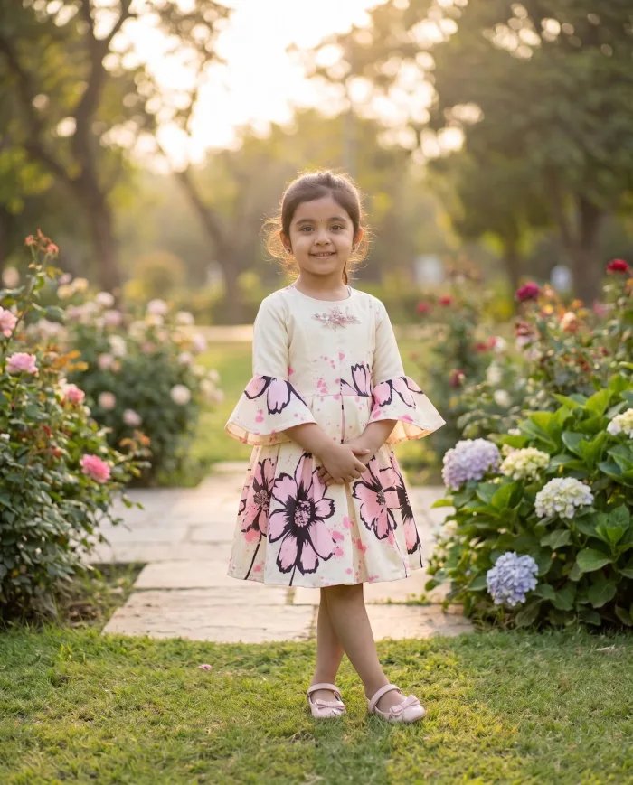 Girls Ivory Floral-Print Bell-Sleeve Kurta Dress