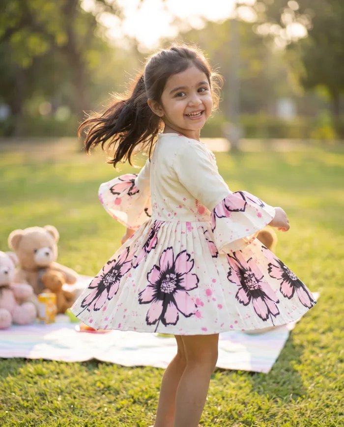 Girls Ivory Floral-Print Bell-Sleeve Kurta Dress