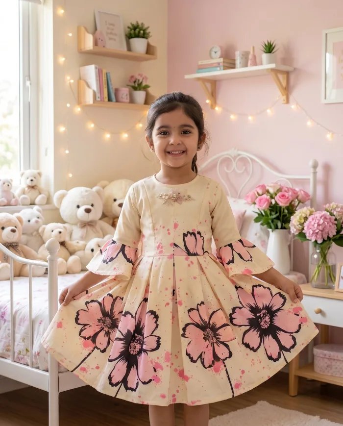 Girls Ivory Floral-Print Bell-Sleeve Kurta Dress