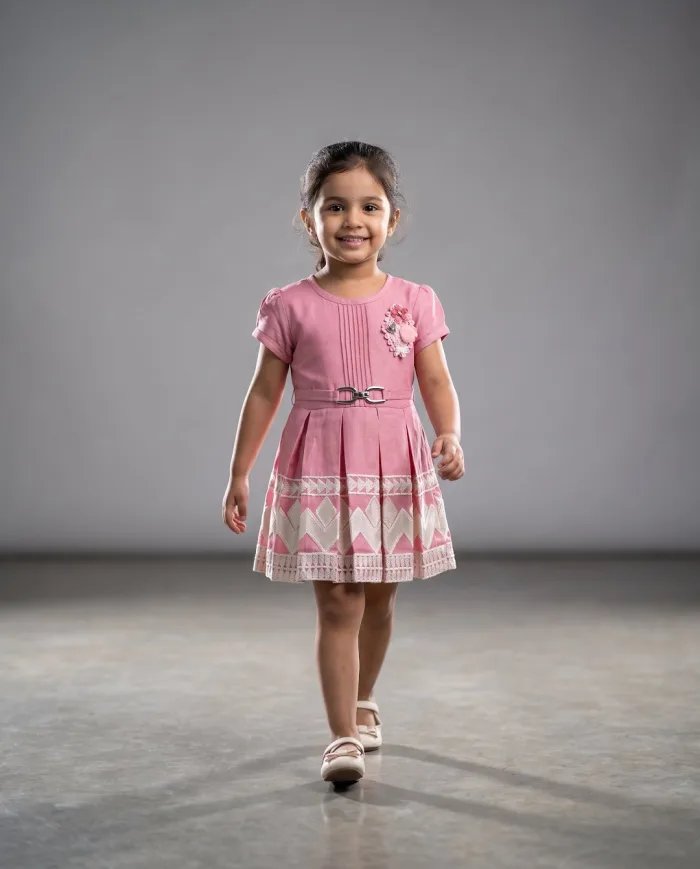 Girls Onion-Pink Pleated Belted Dress