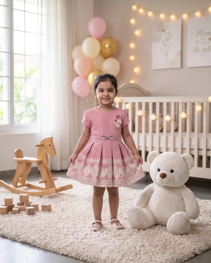 Girls Onion-Pink Pleated Belted Dress