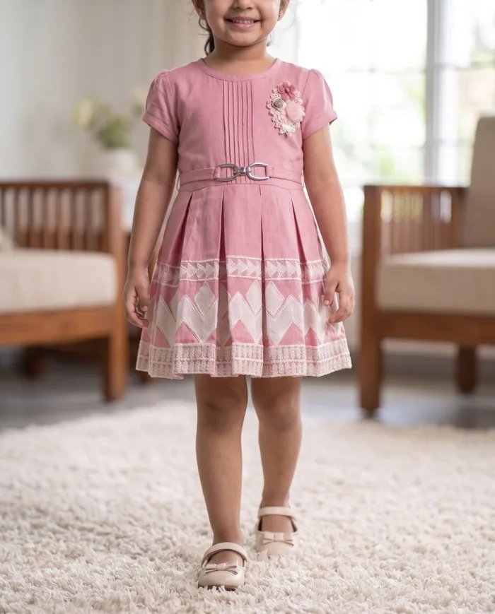 Girls Onion-Pink Pleated Belted Dress