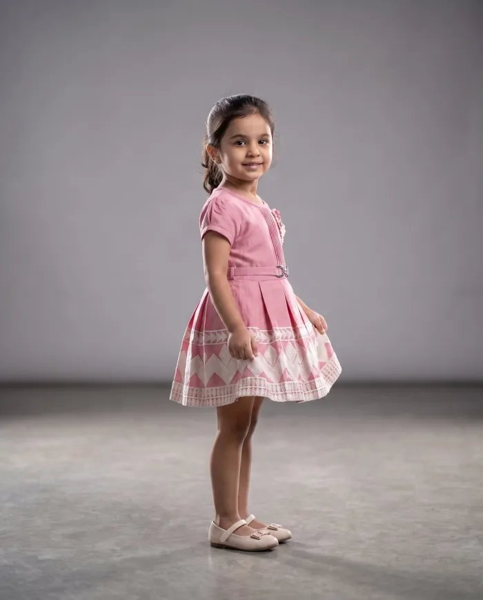 Girls Onion-Pink Pleated Belted Dress