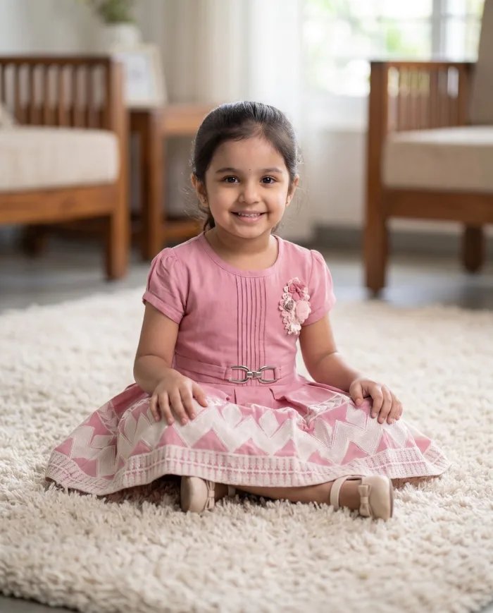 Girls Onion-Pink Pleated Belted Dress