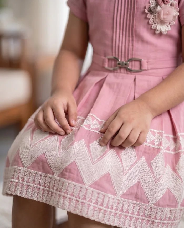 Girls Onion-Pink Pleated Belted Dress