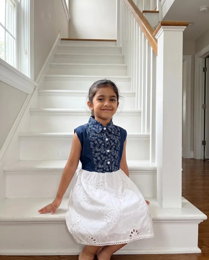 Girls Denim & White Eyelet Collared Dress