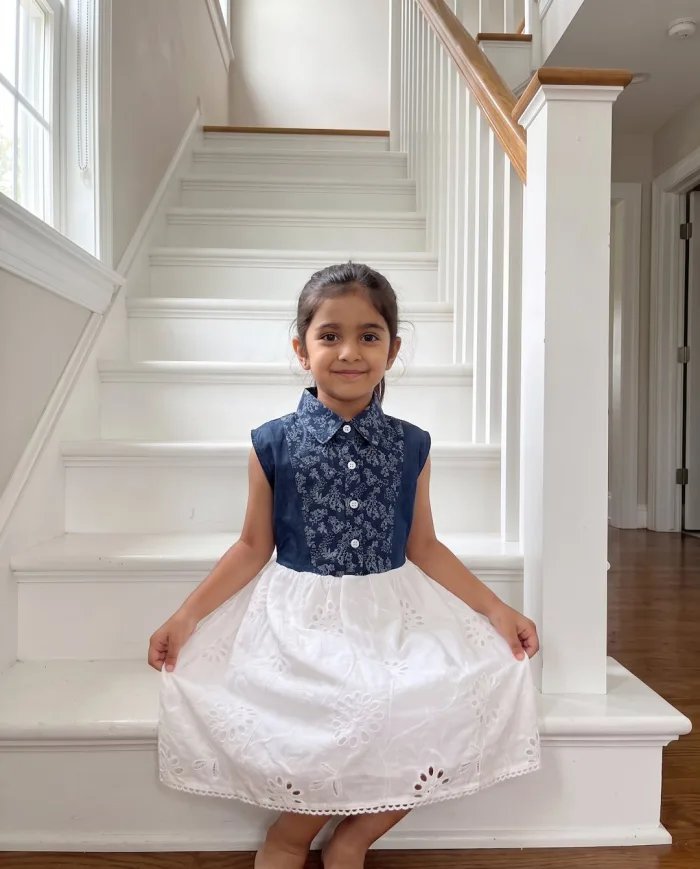 Girls Denim & White Eyelet Collared Dress