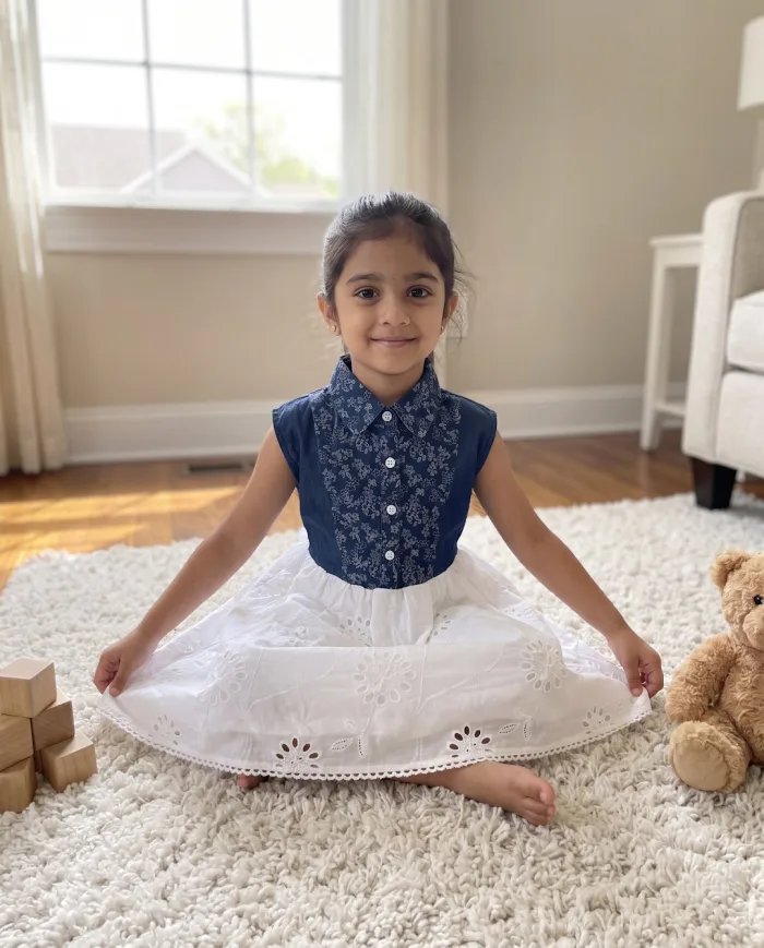 Girls Denim & White Eyelet Collared Dress