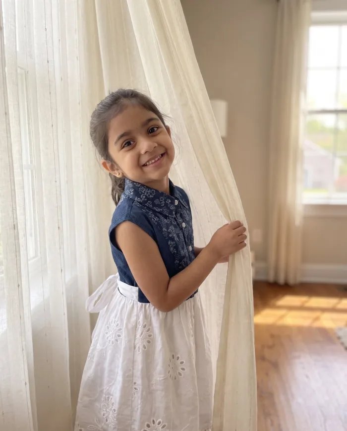 Girls Denim & White Eyelet Collared Dress