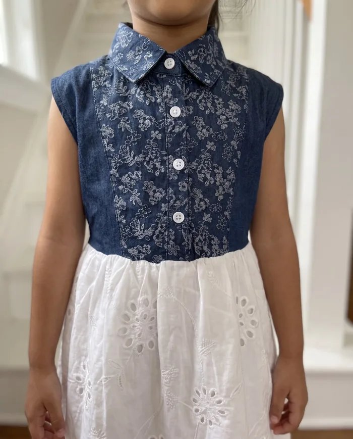 Girls Denim & White Eyelet Collared Dress