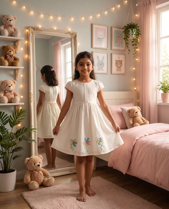 Girls Ivory Floral-Embroidered Cap-Sleeve Dress