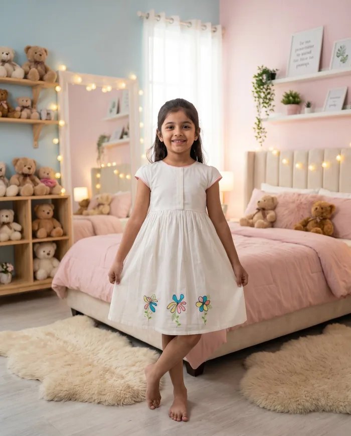 Girls Ivory Floral-Embroidered Cap-Sleeve Dress