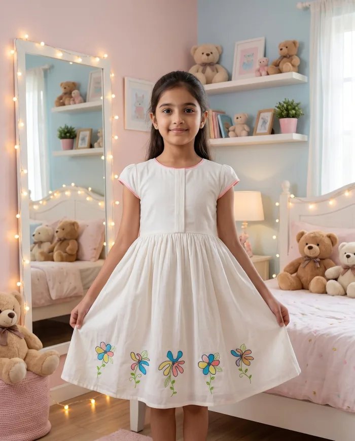 Girls Ivory Floral-Embroidered Cap-Sleeve Dress
