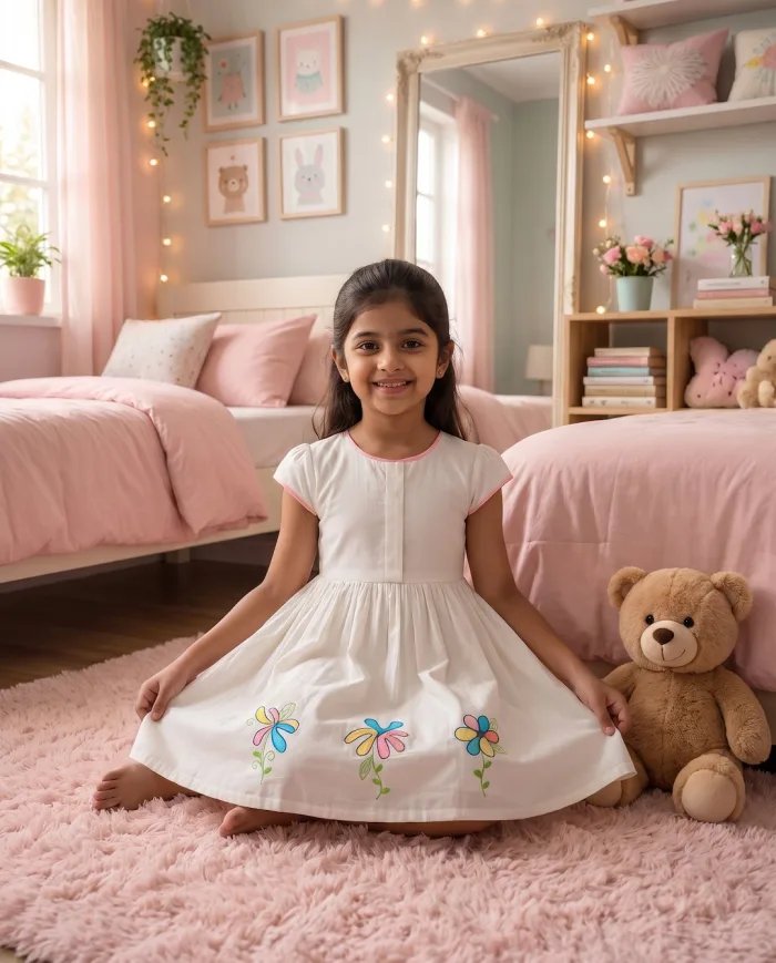 Girls Ivory Floral-Embroidered Cap-Sleeve Dress