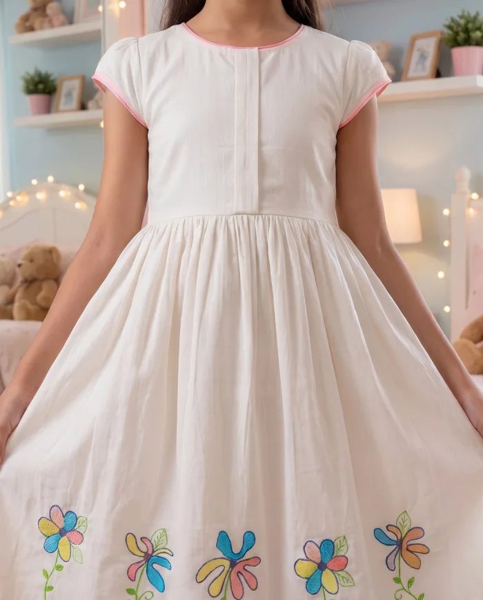 Girls Ivory Floral-Embroidered Cap-Sleeve Dress