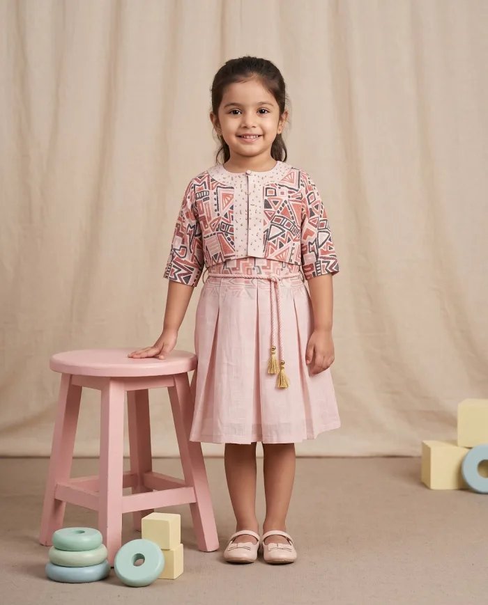 Girls Peach Geometric-Print Jacket & Skirt Set