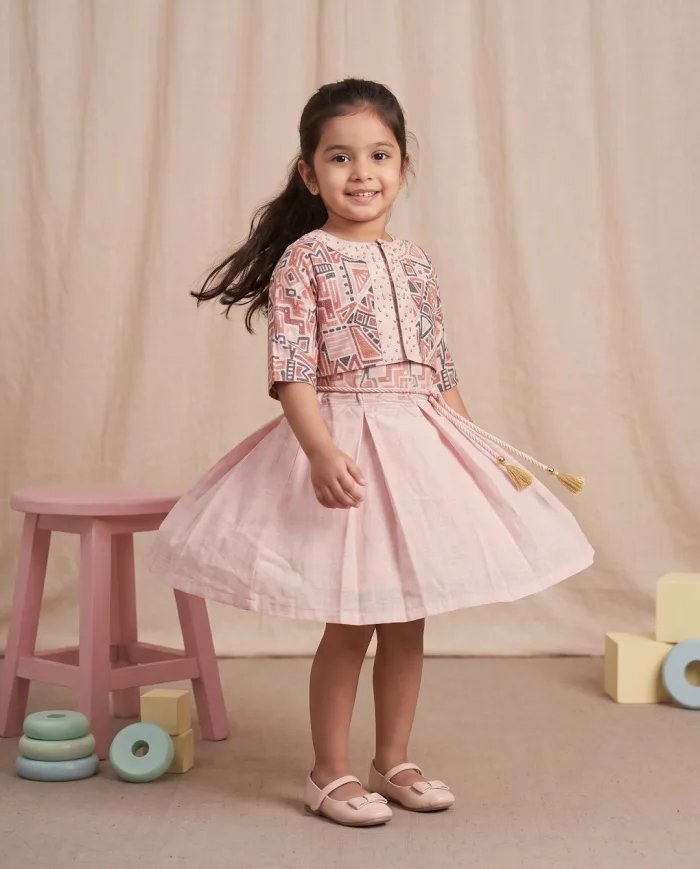 Girls Peach Geometric-Print Jacket & Skirt Set