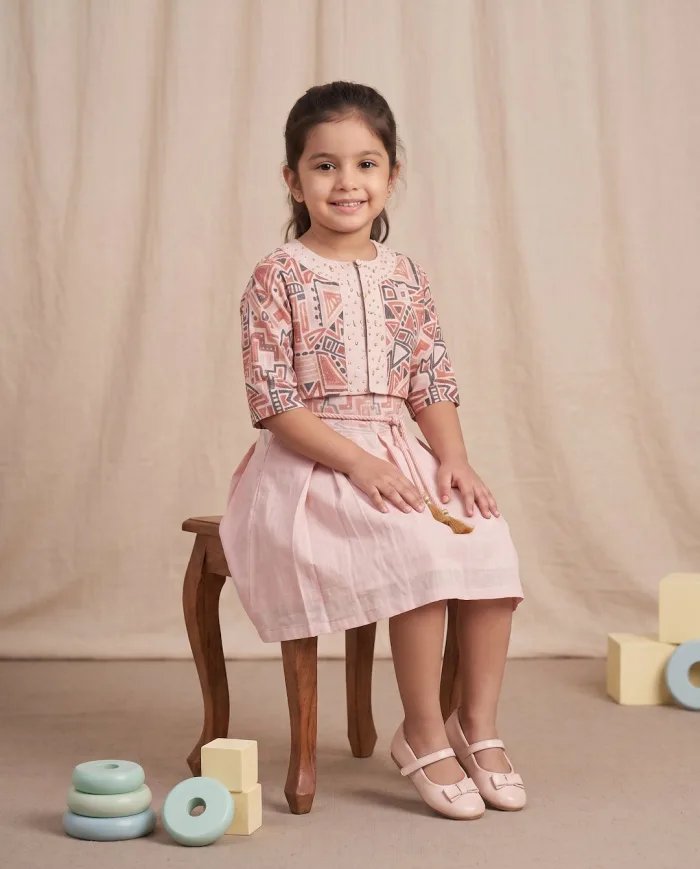 Girls Peach Geometric-Print Jacket & Skirt Set