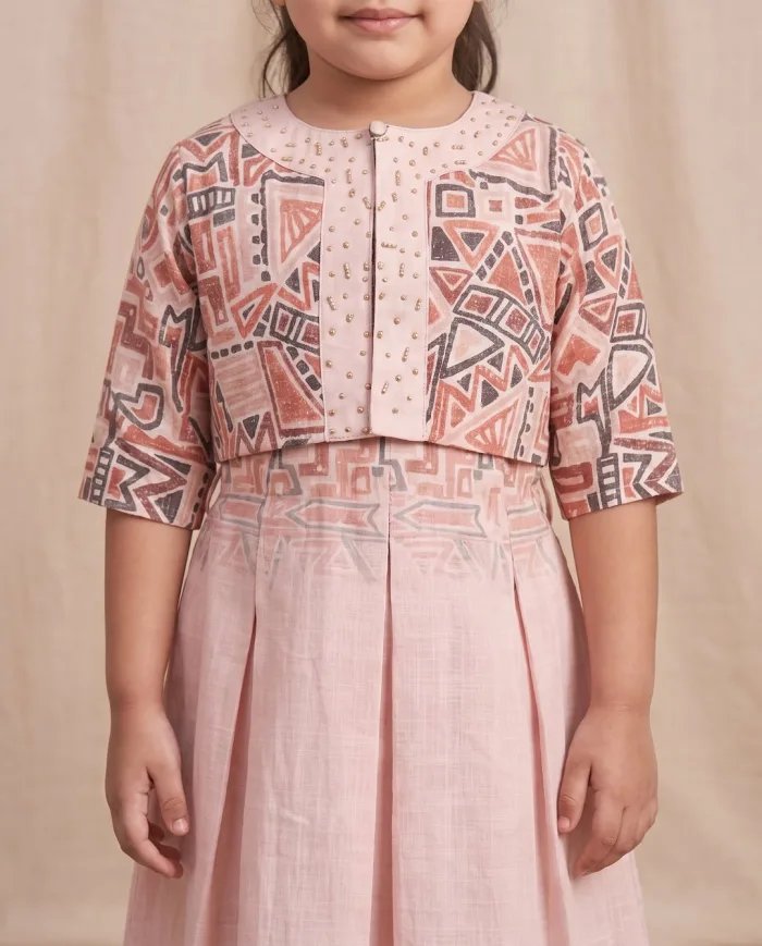 Girls Peach Geometric-Print Jacket & Skirt Set
